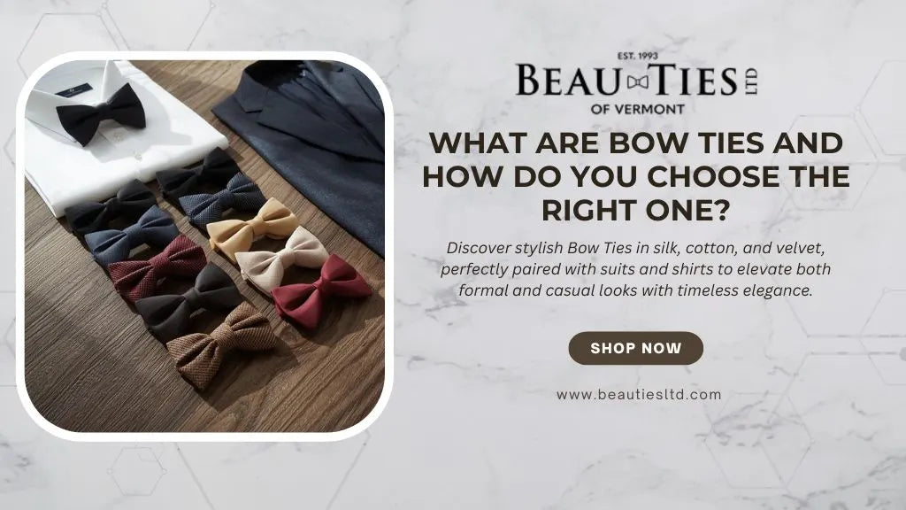 Bow Ties collection displayed with suit, shirt, and brand banner design