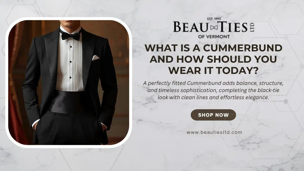 Banner with tuxedo cummerbund and Beauties LTD branding formalwear guide image