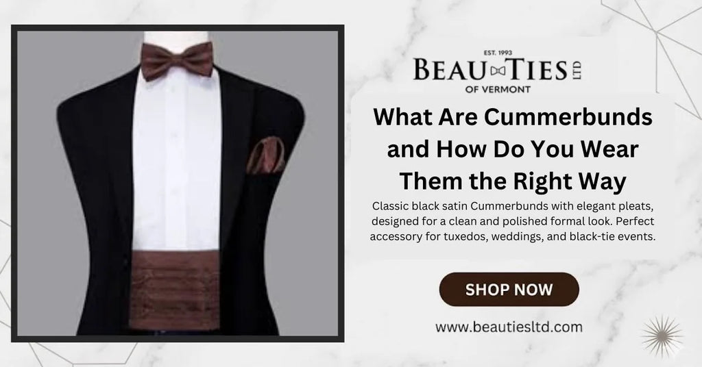 Black tuxedo with brown cummerbund set shown in Beauties LTD promo banner