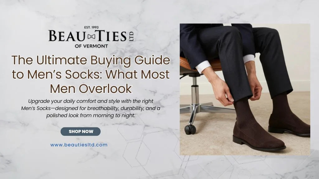 Man adjusting brown dress socks with formal shoes, banner layout