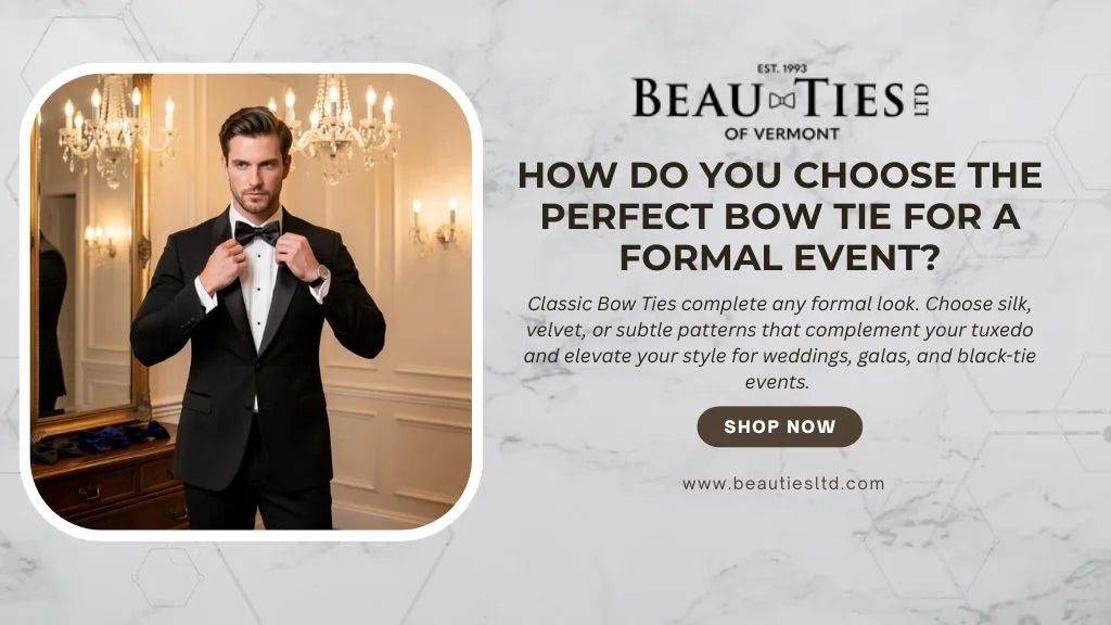 Man wearing tuxedo and bow tie with Beauties LTD formal bow ties promotion