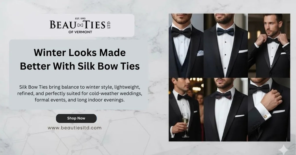 Man wearing black silk bow tie with winter suit at formal indoor event