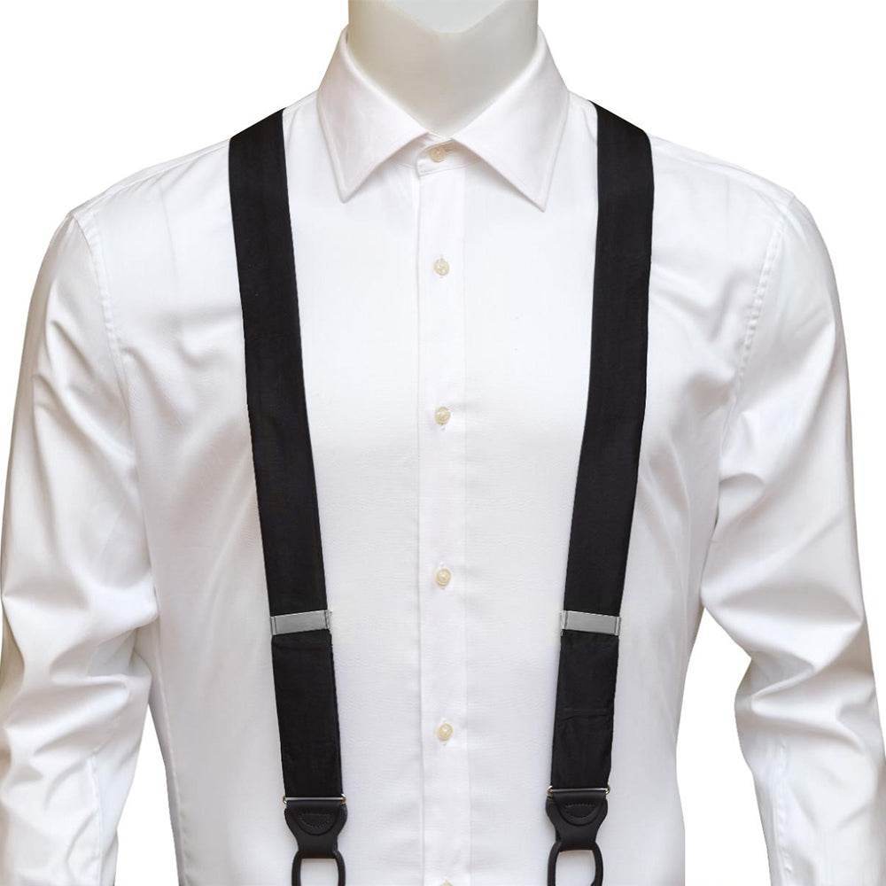 blue dress shirt with white suspenders Hisdern 1.4 Inch Adjustable Suspender Navy Blue with 4-Clip for Formal Pants