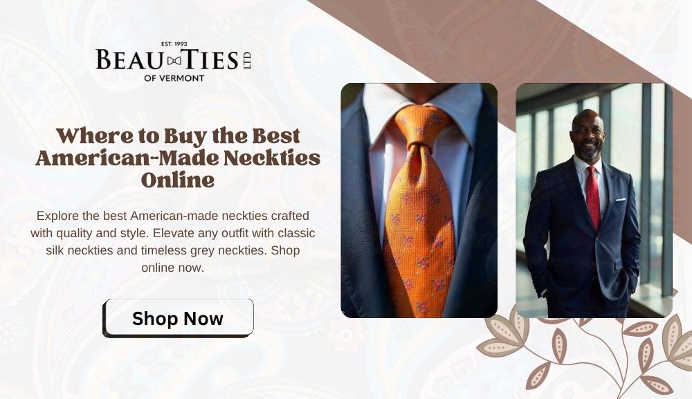 Elegant American-made grey silk necktie displayed flat to showcase texture, color, and fine weave.