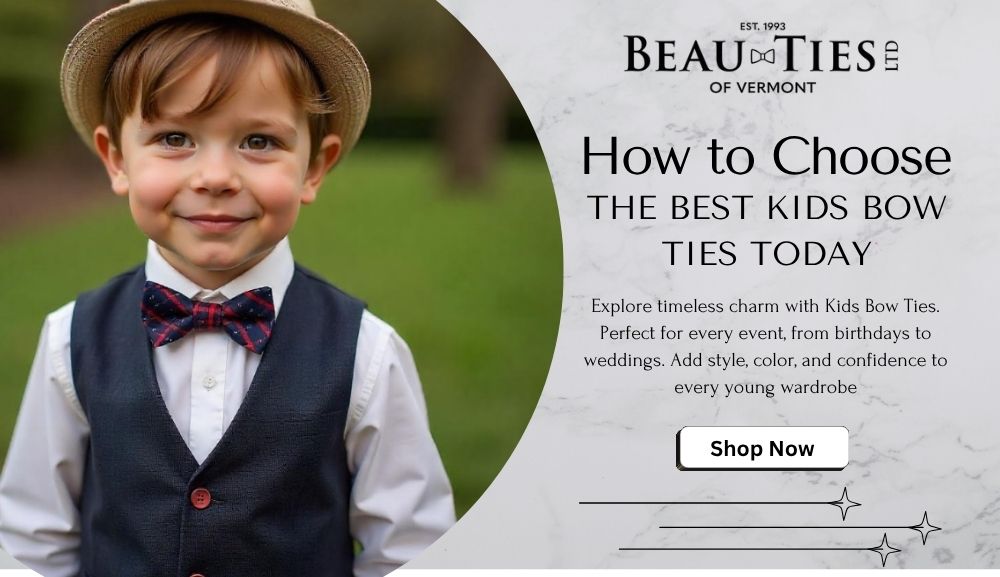 Kids bow ties in silk, cotton, black-on-black, and playful prints from Beauties Ltd.