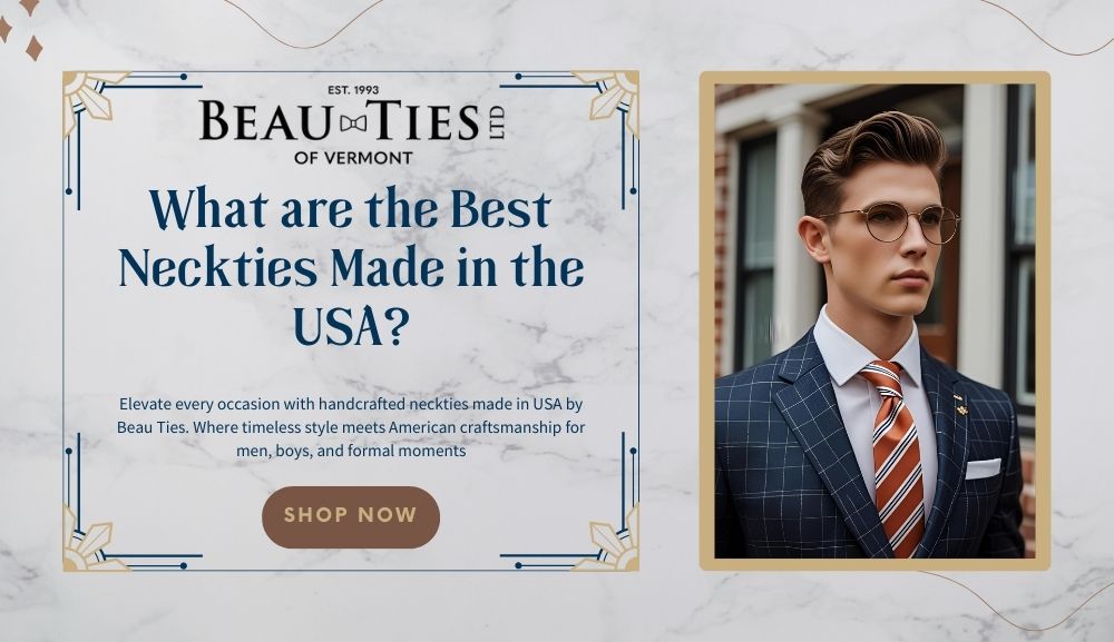 Handsome man in suit wearing striped necktie by Beau Ties with text promoting USA-made neckties.