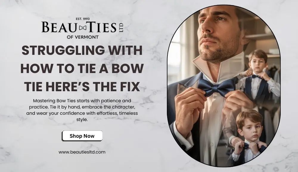 Beauties LTD banner on tying bow ties with shop now button