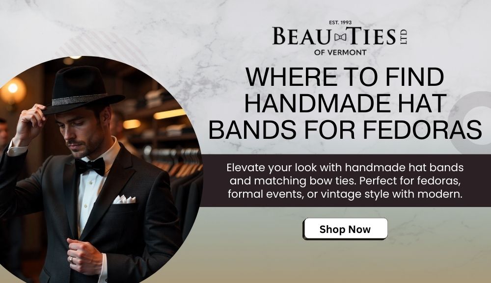 Artisan weaving a custom fedora hat band beside neckties and bow ties in a vintage studio setting.