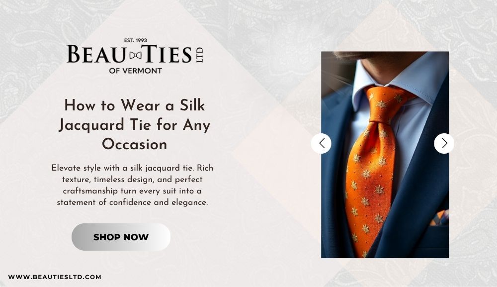 Refined silk jacquard tie showing intricate patterns, perfect for weddings, work, or daily wear.