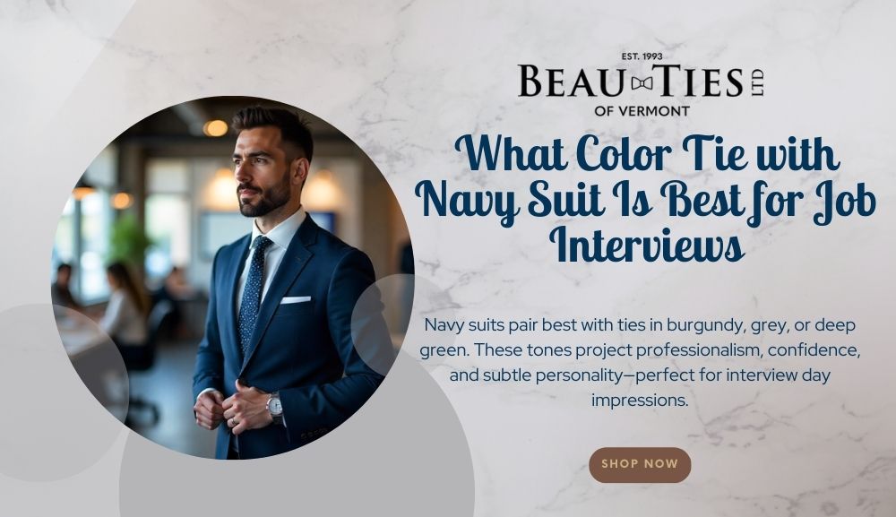 Navy suit styled with a classic tie color choice, creating a sharp and professional interview look.