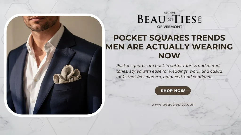 Modern banner featuring navy suit with neutral pocket square styling