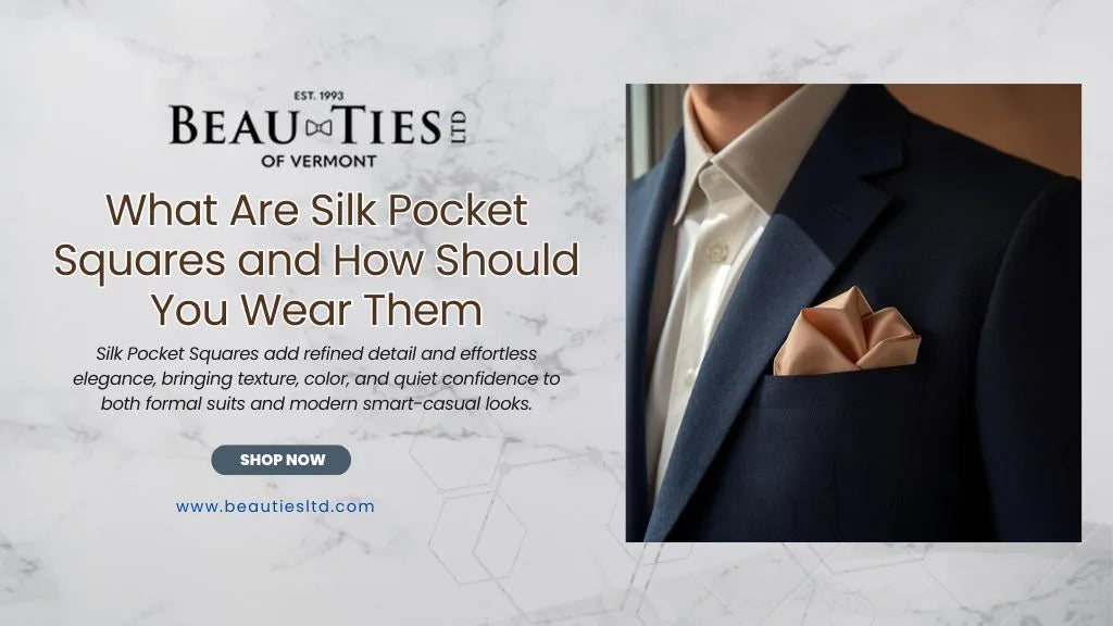 Silk pocket square styled in navy blazer promotional banner design