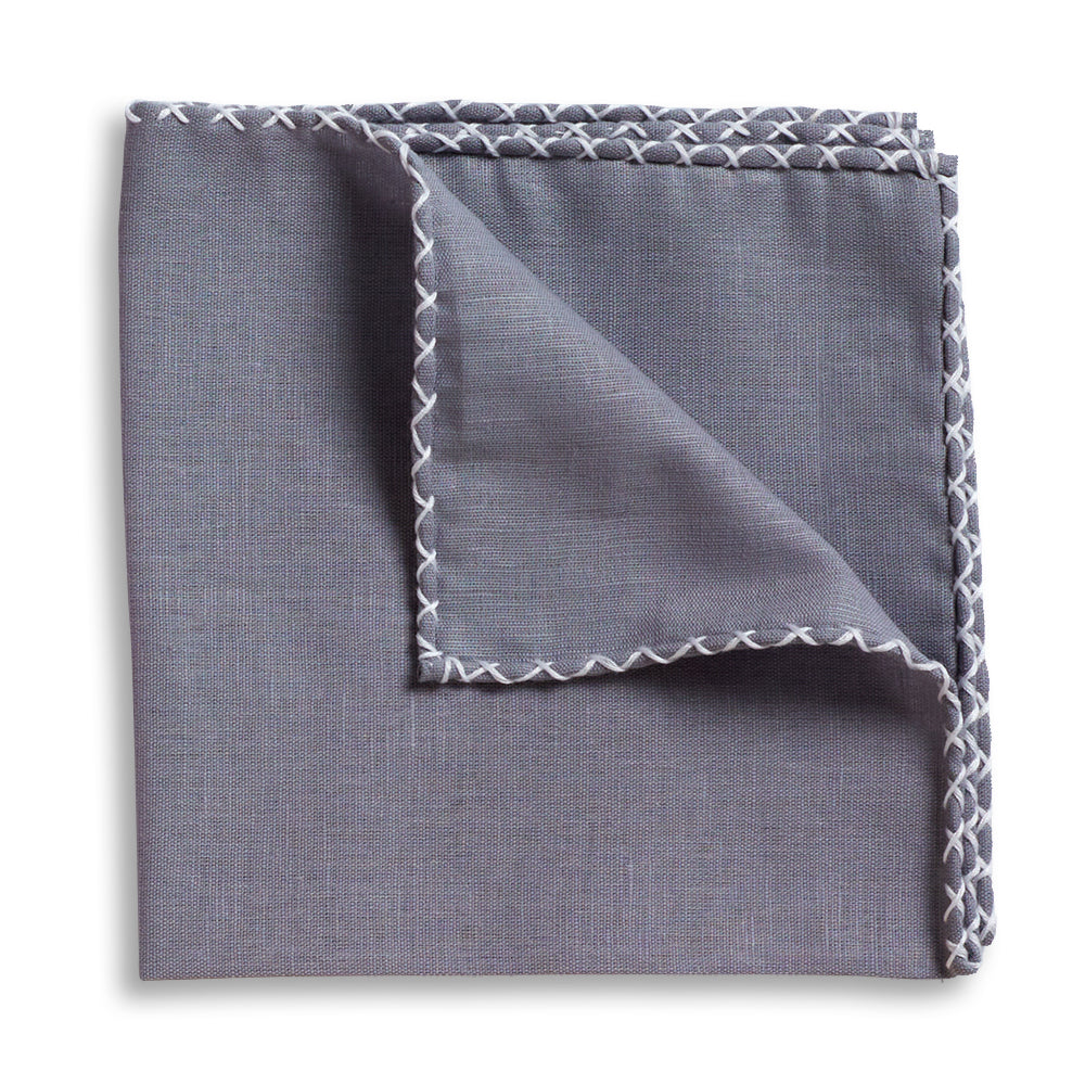 Grey Crossover Whipstitch Hand-Rolled Pocket Square