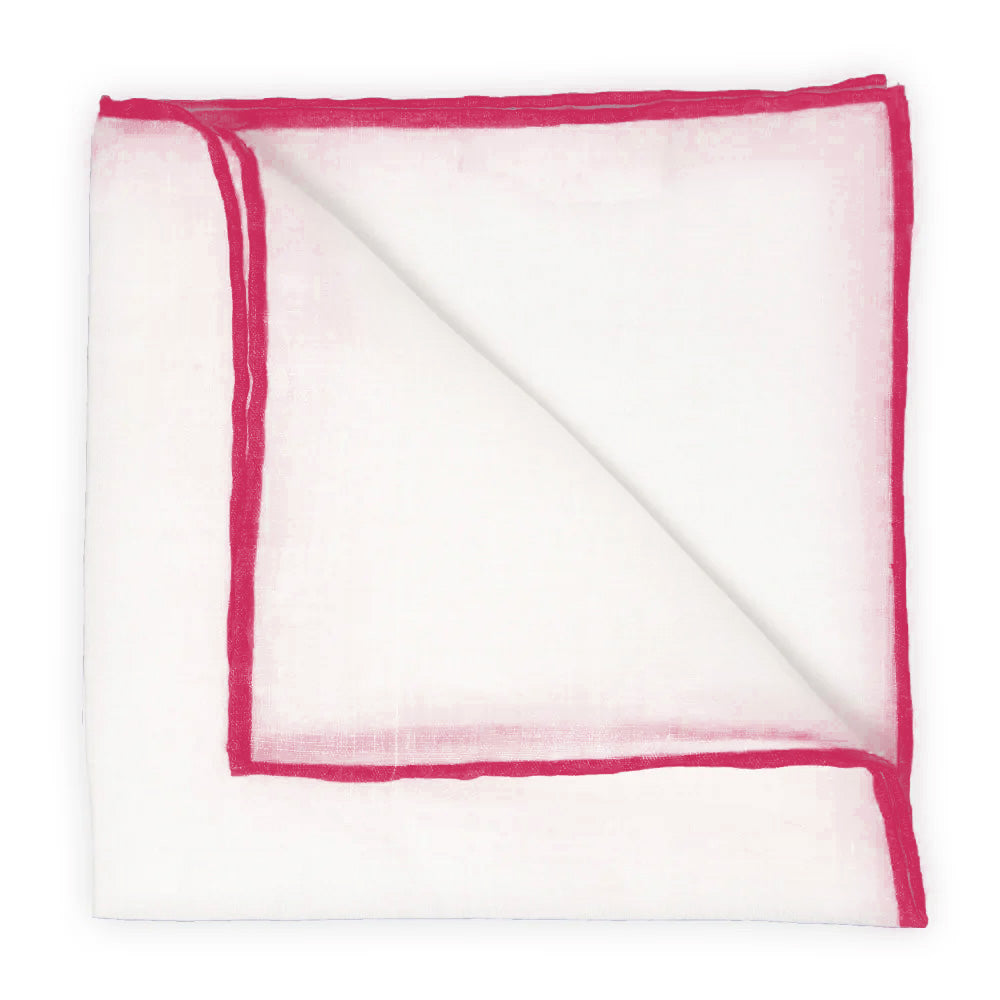 White Linen Pocket Square with Pink Trim
