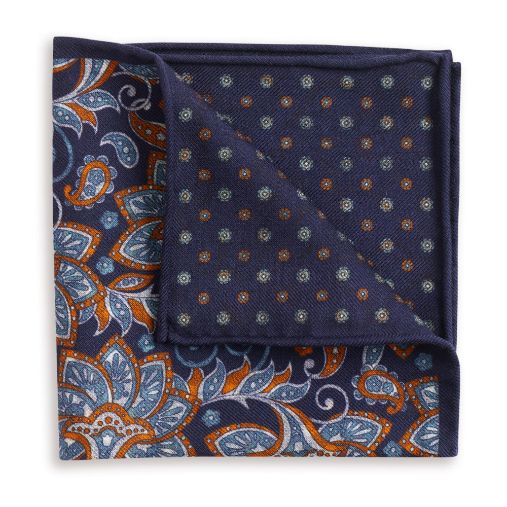 Portsall Navy Reversible Wool Pocket Square