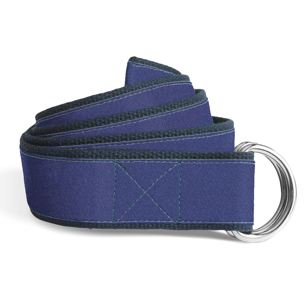 Blue belt with a silver D-ring buckle on a white background