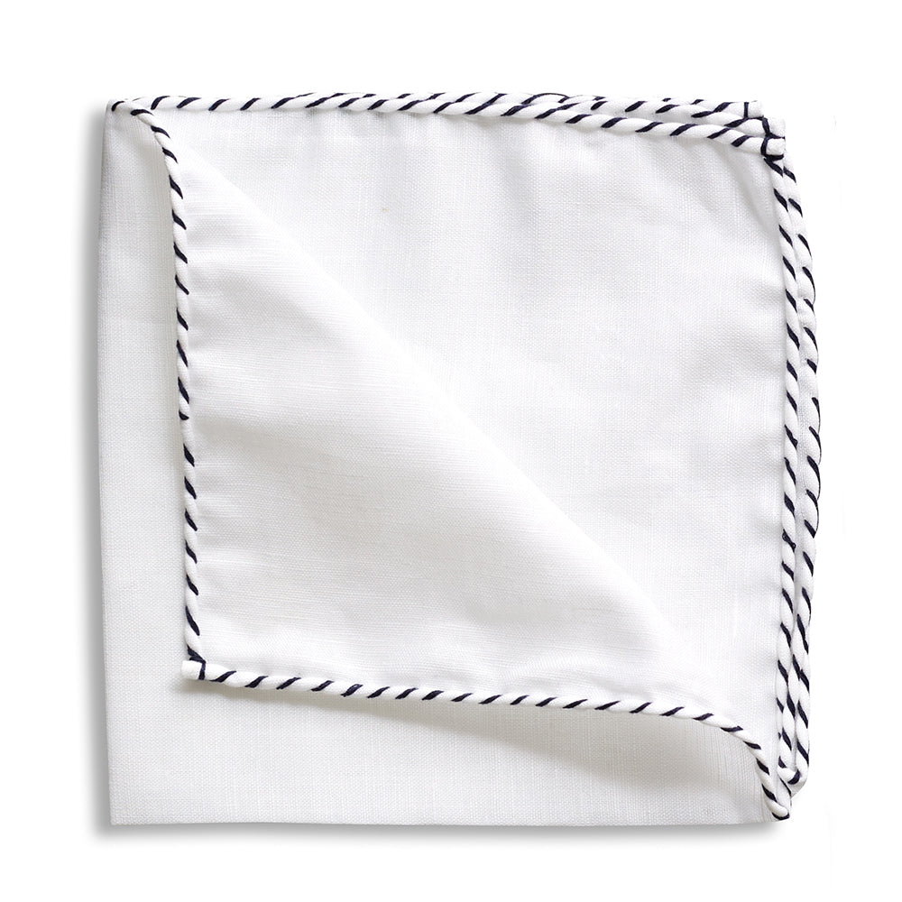 White Linen Navy Whipstich Pocket Square