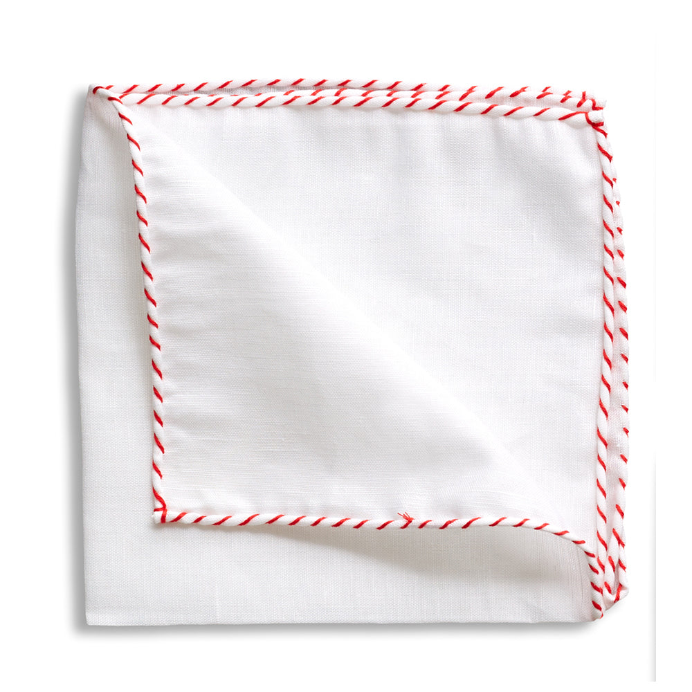 White Linen Red Whipstitch Pocket Square