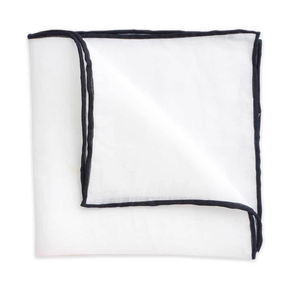 White Linen Pocket Square with Black Trim
