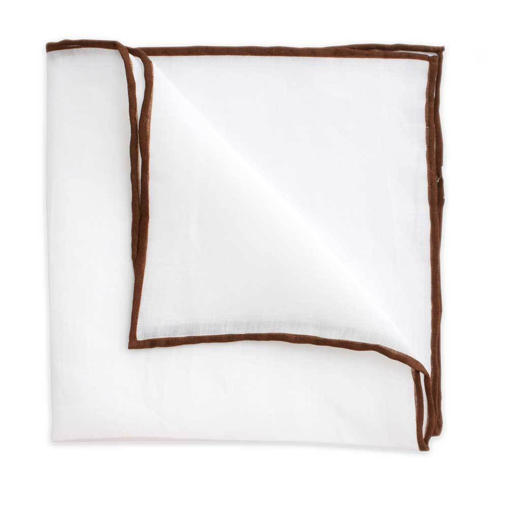 White Linen Pocket Square with Brown Trim