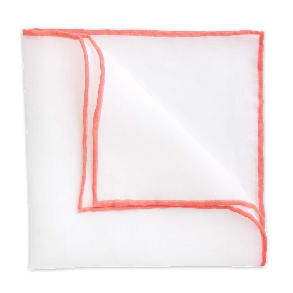 White Linen Pocket Square with Coral Trim