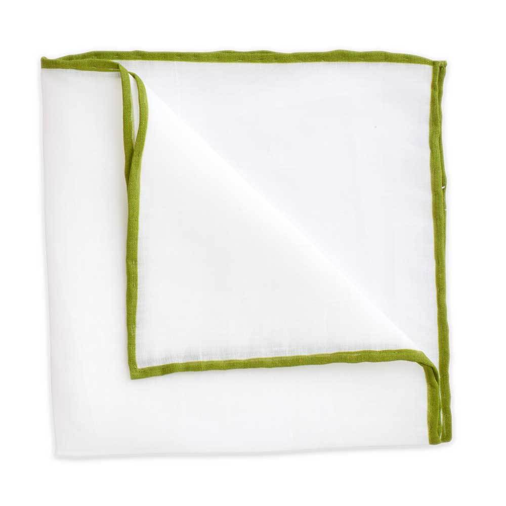 White Linen Pocket Square with Moss Green Trim