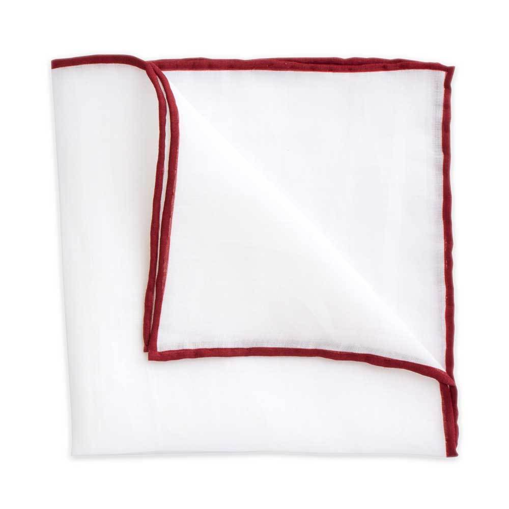 White Linen Pocket Square with Maroon Trim