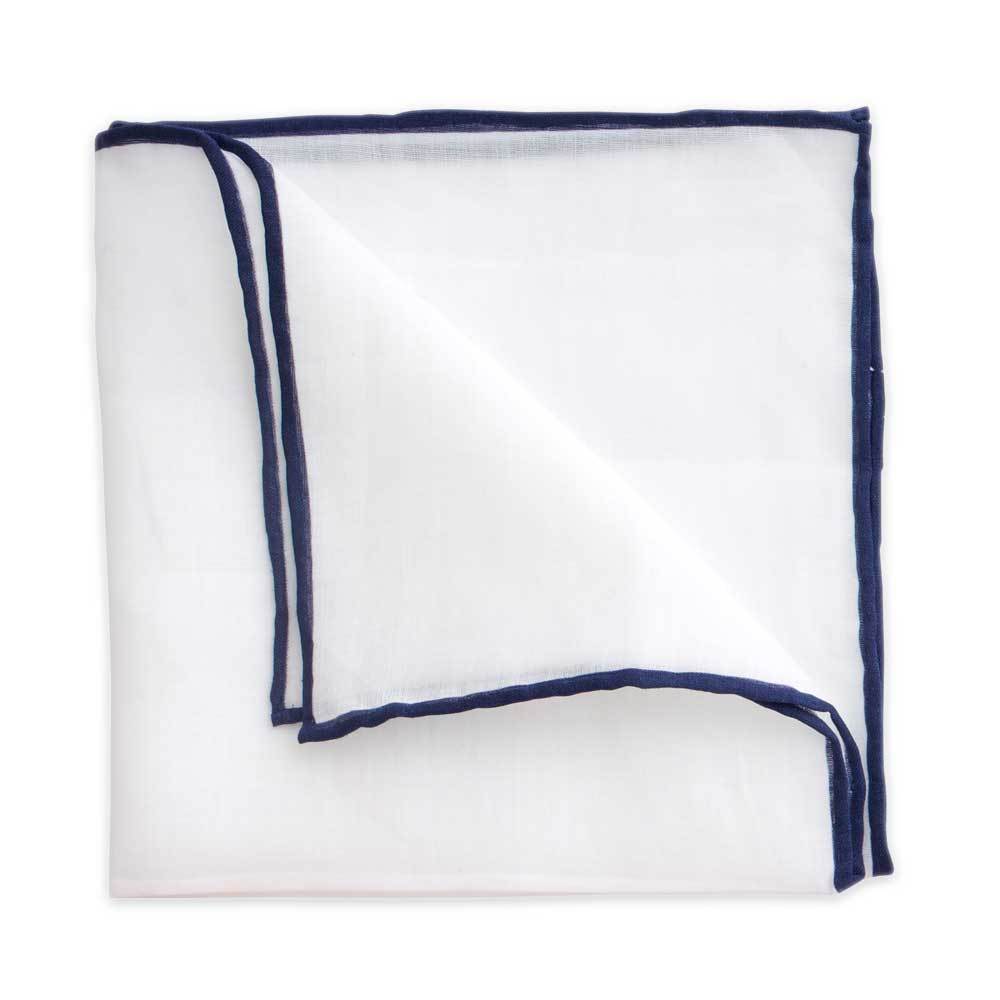 White Linen Pocket Square with Navy Trim