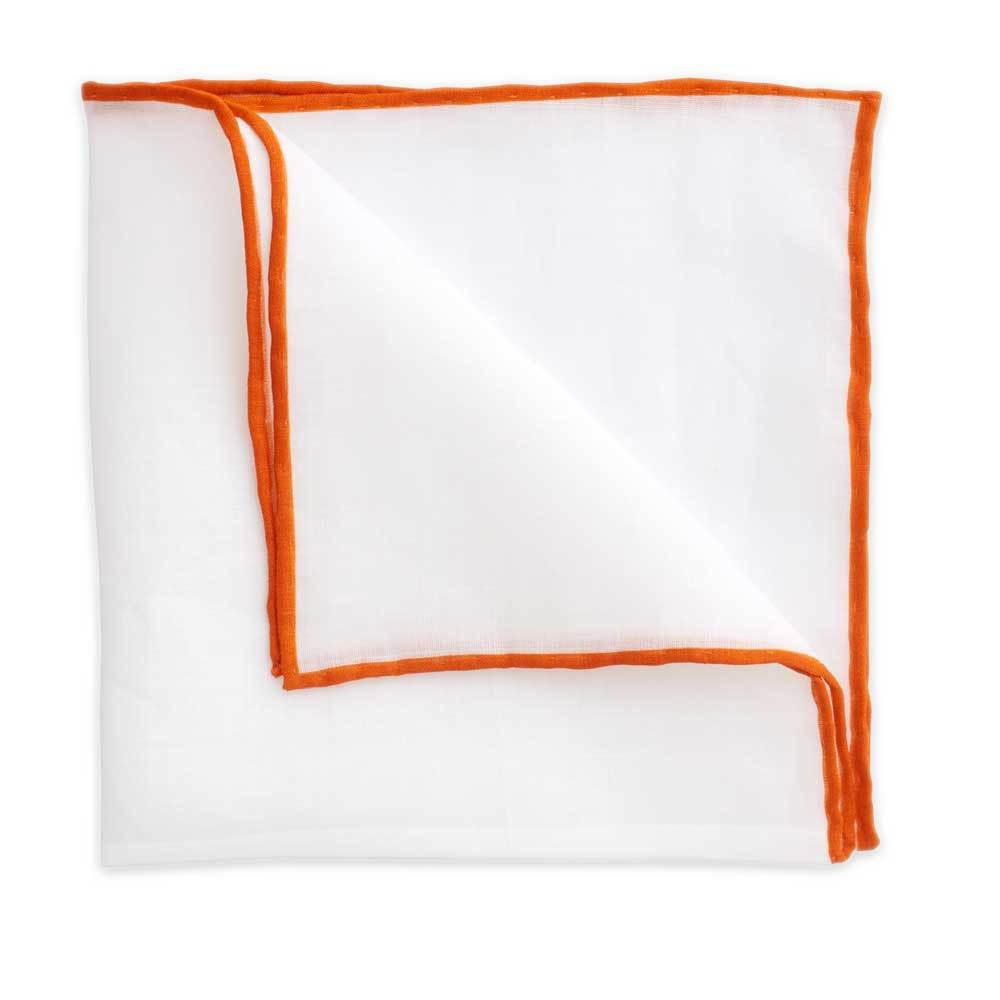 White Linen Pocket Square with Orange Trim