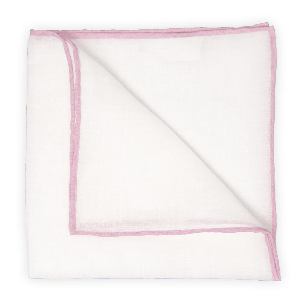White Linen Pocket Square with Pink Trim