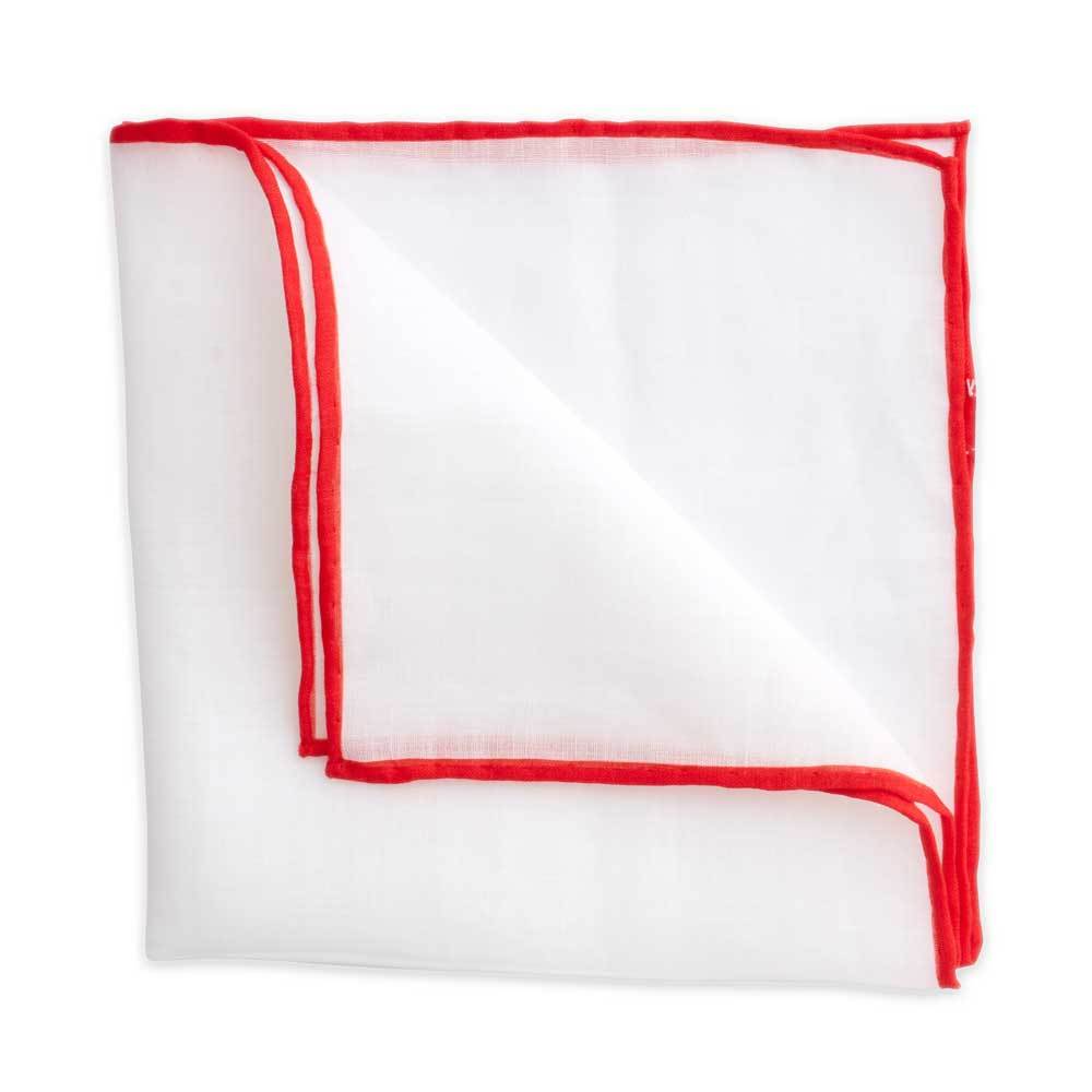 White Linen Pocket Square with Red Trim