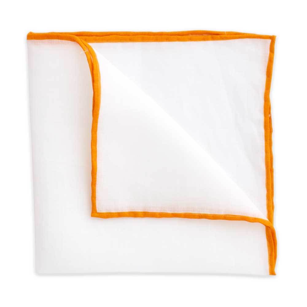White Linen Pocket Square with Tangerine Trim