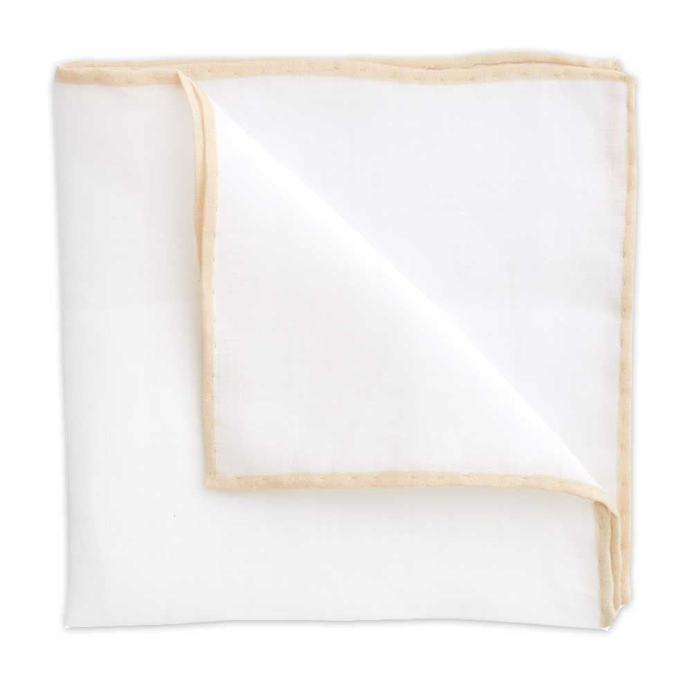 White Linen Pocket Square with Tan Trim