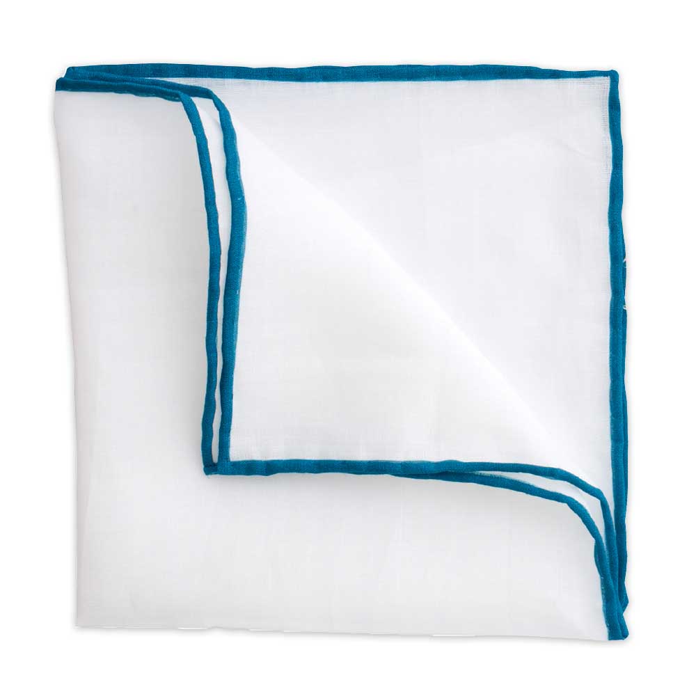 White Linen Pocket Square with Turquoise Trim